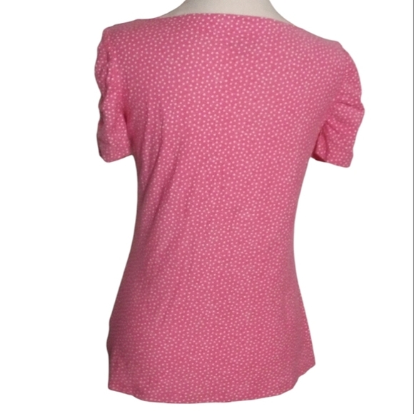 Lilly Pulitzer Pink White Polka Dot Cotton Tshirt Ruched Sleeve Size Medium - Picture 5 of 8